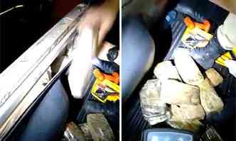 Imagens mostram tabletes sendo retirados de compartimento no carro(foto: PRF/Divulgao)
