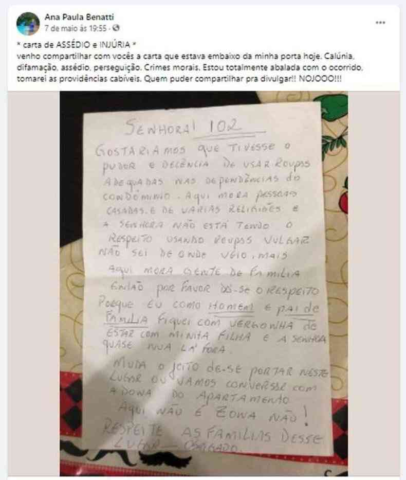 Carta enviada a Ana Paula Benatti(foto: redes sociais)