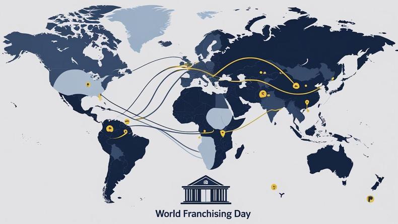 Mapa do mundo desenhando todo em tons de azul com linhas ligando os países e continentes, com a figura de uma casa no meio e o texto World Franchising Day.