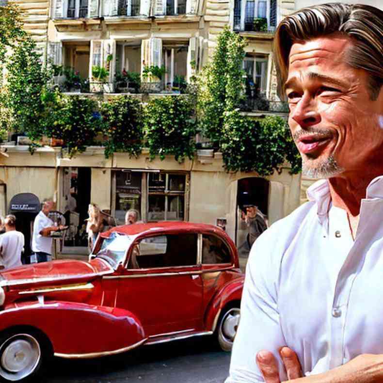 Imagem gerada pela AFP na Stable Diffusion em 22 de maro de 2023 digitando, em ingls: 'Brad Pitt, rua de Paris, em uma manh cedo e ensolarada, segurando um croissant, perto de uma padaria e de velho carro francs, vestindo uma camisa branca, sorrindo, realista, 4K' 