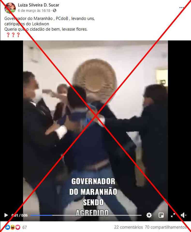 Captura de tela feita em 8 de maro de 2021 de uma publicao no Facebook