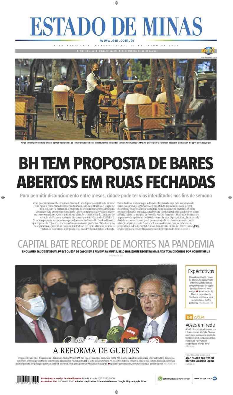 Confira a Capa do Jornal Estado de Minas do dia 22/07/2020(foto: Estado de Minas)