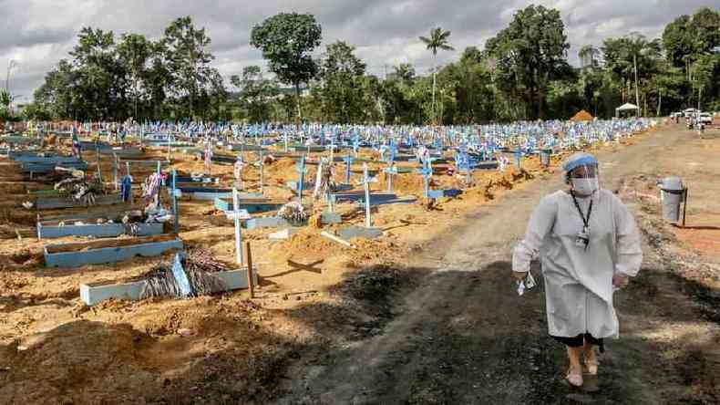 Alguns cemitrios, como este em Manaus, esto lotados de vtimas do coronavrus(foto: BBC)