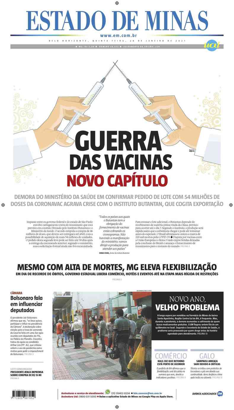 Confira a Capa do Jornal Estado de Minas do dia 28/01/2021(foto: Estado de Minas)