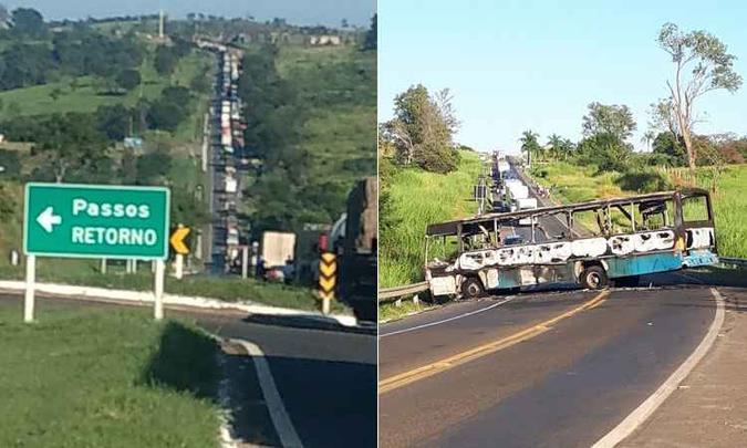 Redes sociais/Reprodução(foto: Fotos mostram trânsito lento na entrada de Passos, onde bandidos incendiaram ônibus) Redes sociais/Reprodução(foto: Fotos mostram trânsito lento na entrada de Passos, onde bandidos incendiaram ônibus)