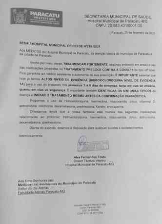 Ofcio assinado pelo diretor do Hospital Municipal de Paracatu 