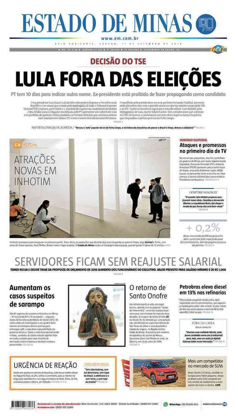 Confira a Capa do Jornal Estado de Minas do dia 01/09/2018(foto: Estado de Minas)