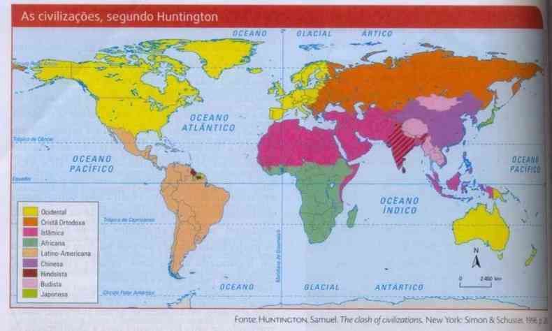Mapa mundi separado por cores para dividir as regies do mundo ocidental, oriental, latino, islmico e africano.