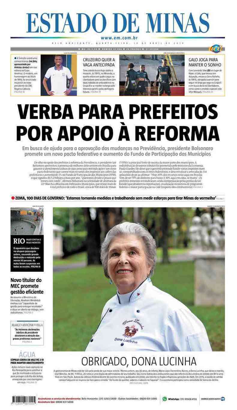 Confira a Capa do Jornal Estado de Minas do dia 10/04/2019(foto: Estado de Minas)