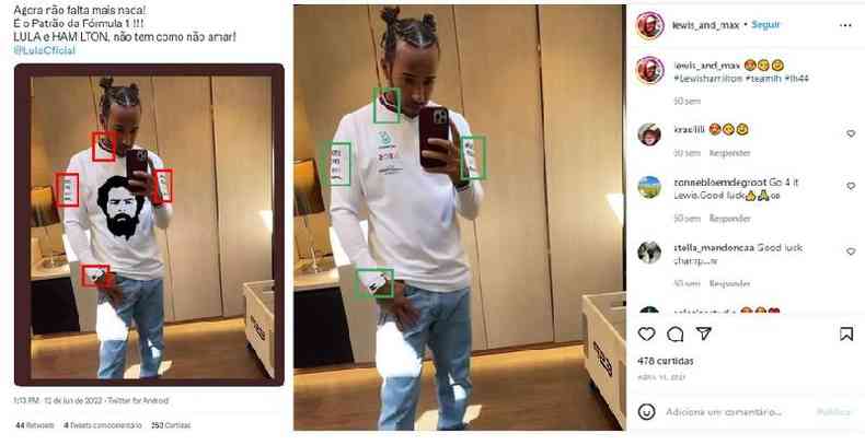 Foto de e Lewis Hamilton fazendo selfie falsa ao lado da imagem verdadeira 