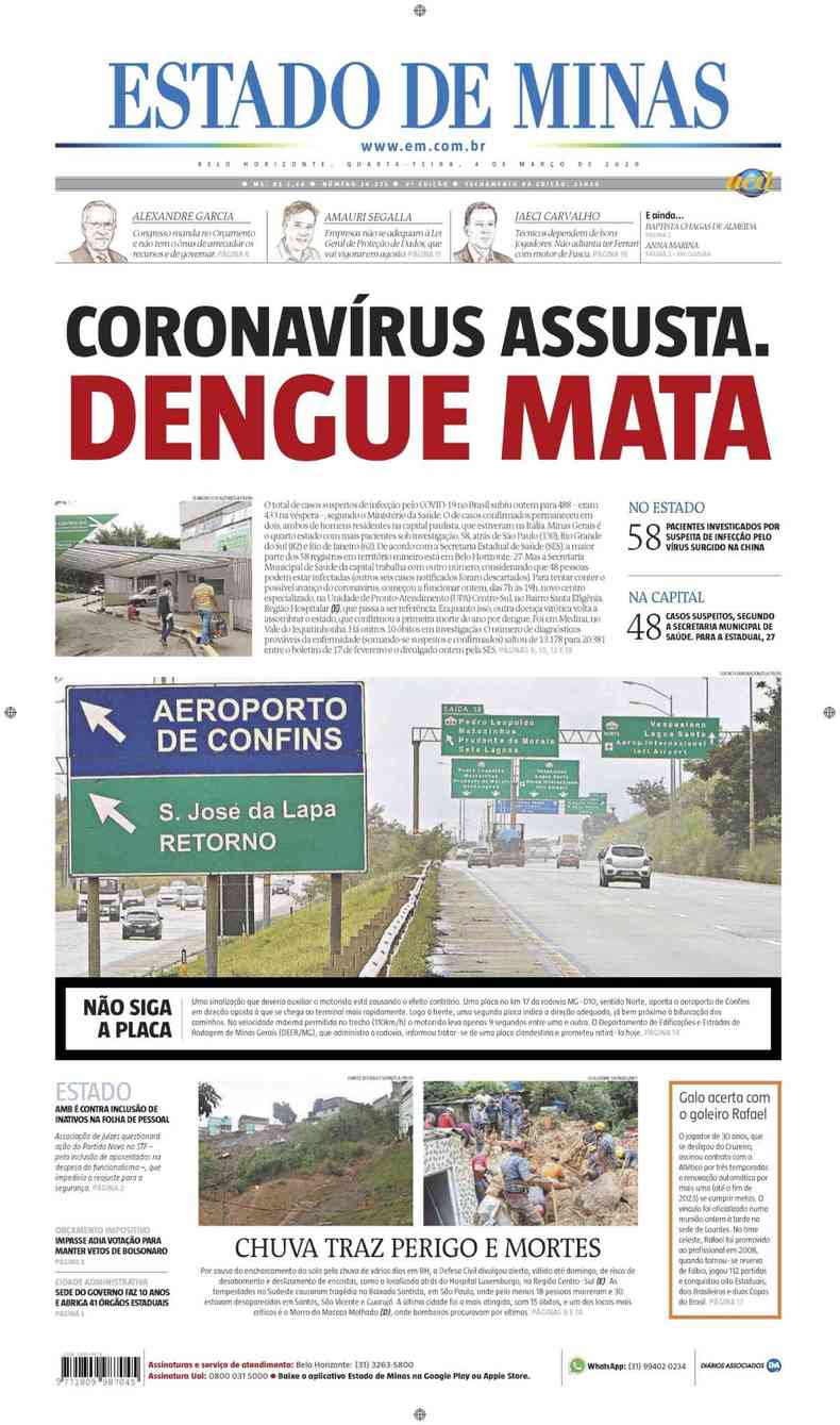 Confira a Capa do Jornal Estado de Minas do dia 04/03/2020(foto: Estado de Minas)