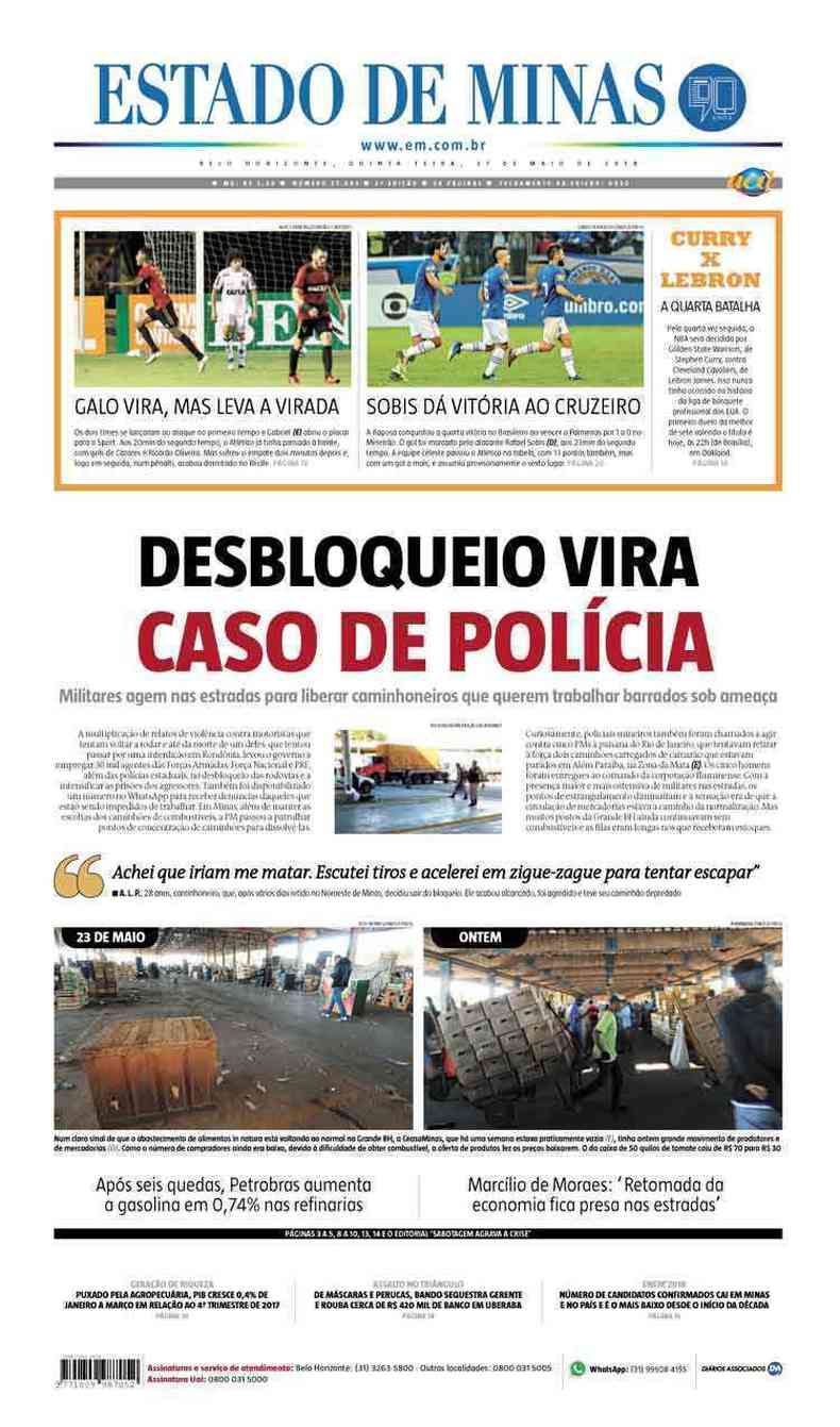 Confira a Capa do Jornal Estado de Minas do dia 31/05/2018