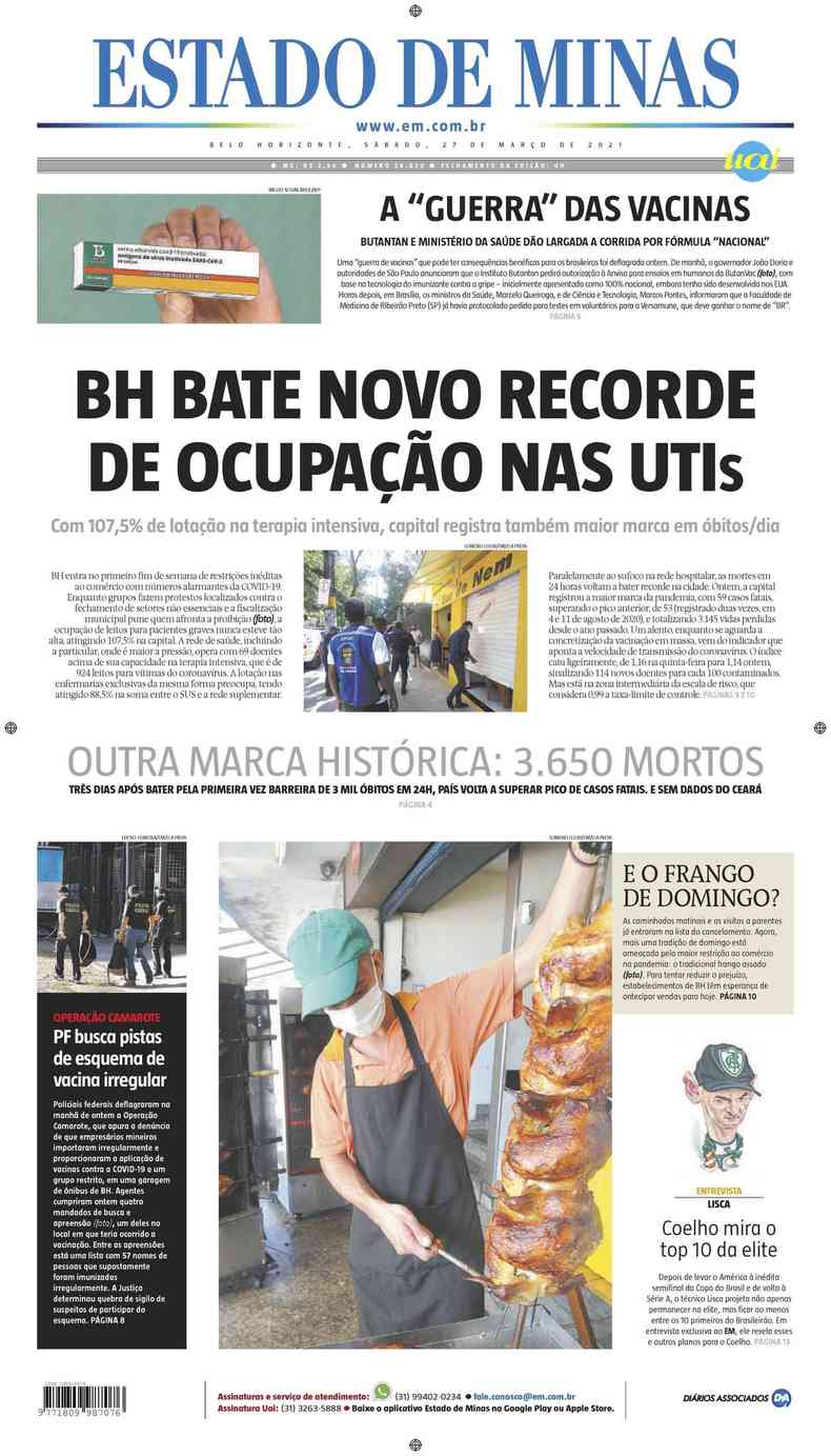 Confira a Capa do Jornal Estado de Minas do dia 27/03/2021(foto: Estado de Minas)