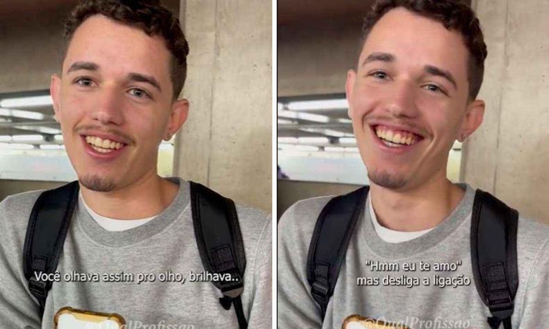 Conforme Marcos conta a história de seu primeiro amor, sua pupila dilata e seu olho brilha(foto: Reprodução / TikTok) vídeo em que jovem fala como conheceu seu grande amor