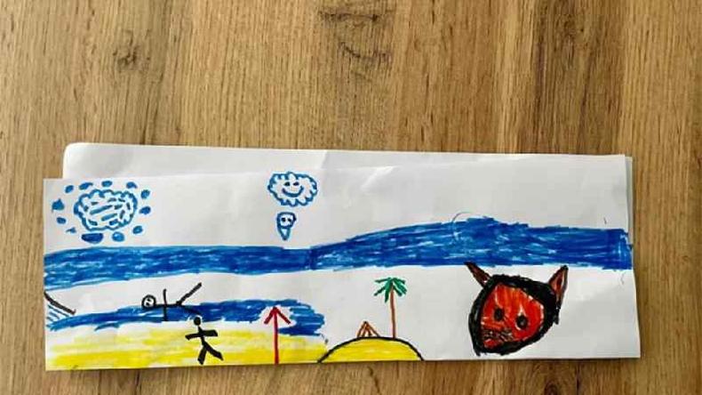 Desenho de criana mostra pessoas fugindo de um grande diabo vermelho por terra e mar