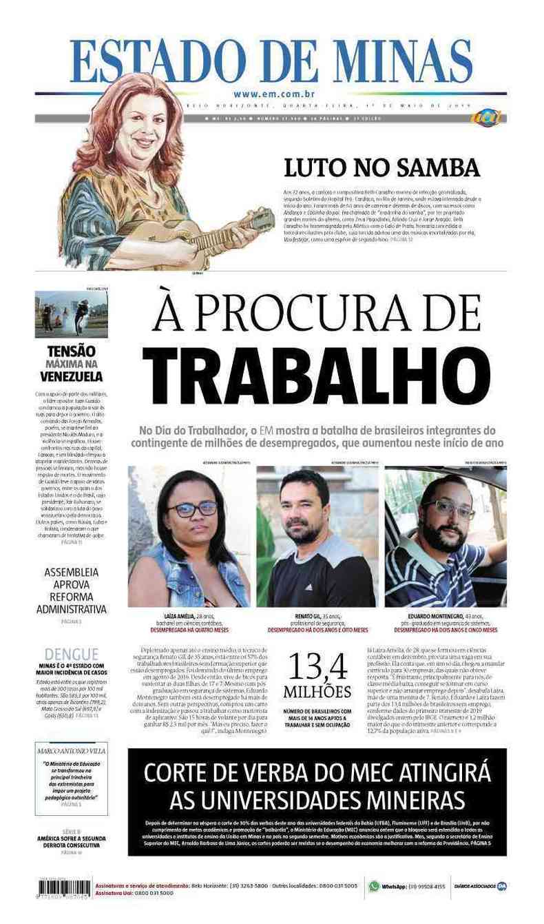 Confira a Capa do Jornal Estado de Minas do dia 01/05/2019(foto: Estado de Minas)