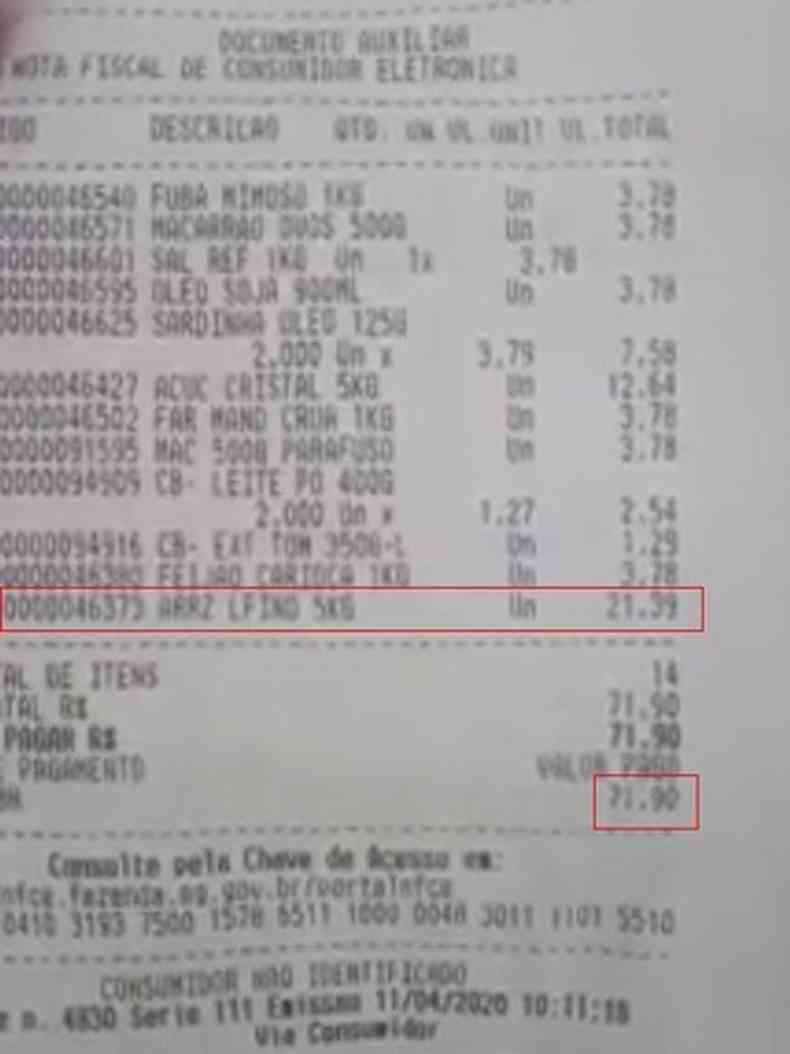 Nota fiscal dos produtos da cesta bsica(foto: Print/ Vdeo)