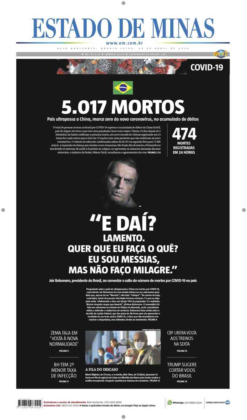 Confira a Capa do Jornal Estado de Minas do dia 29/04/2020(foto: Estado de Minas)