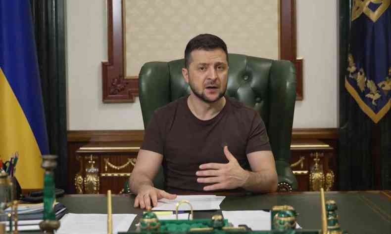 Presidente da Ucrnia, Volodymyr Zelensky, durante videoconferncia