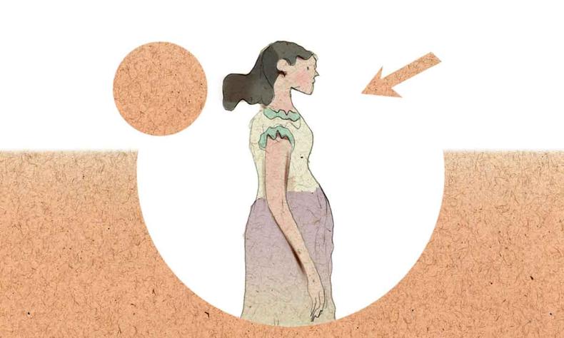 Ilustrao mostra mulher com seta apontada para ela 