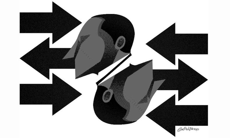 Ilustrao mostra rostos de dois homens entre setas apontando em direes contrrias 