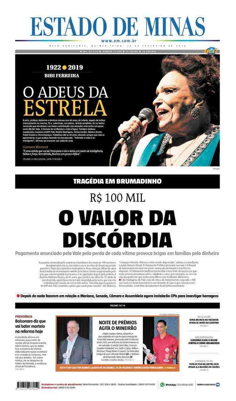 Confira a Capa do Jornal Estado de Minas do dia 14/02/2019(foto: Estado de Minas)