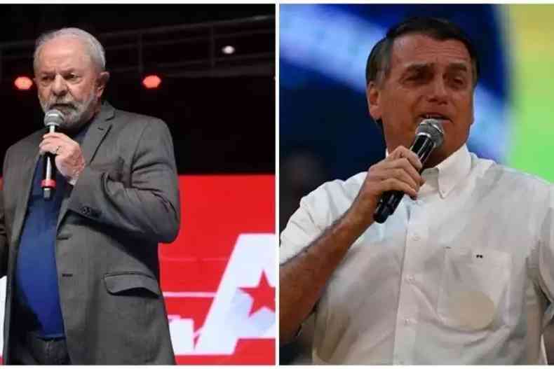 Montagem de foto mostra Lula à esq, e Bolsonaro à dir. ; ambos falam ao microfone