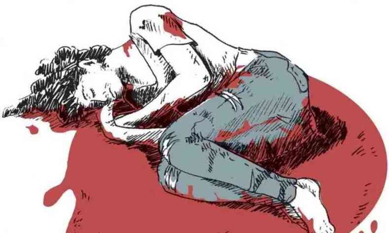 Na foto, desenho de uma mulher deitada embaixo de uma poa, que lembra sangue