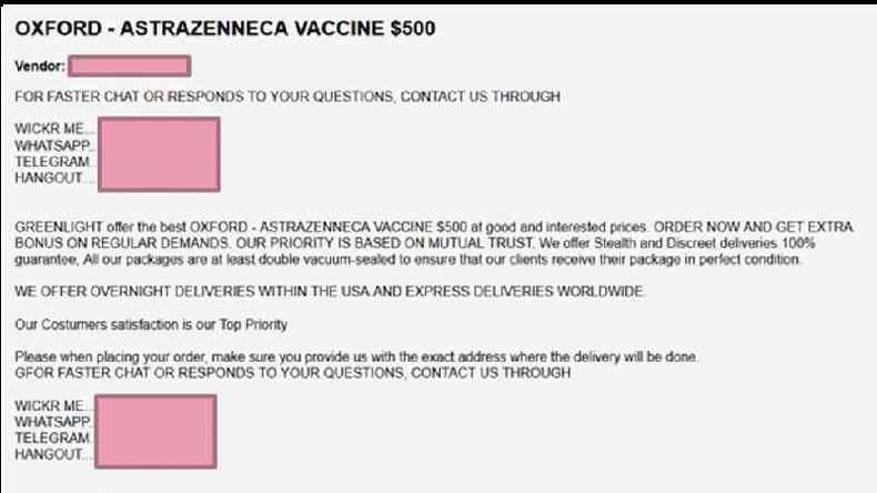 Anncio divulga venda de supostas vacinas contra covid-19 por 500 dlares(foto: BBC)
