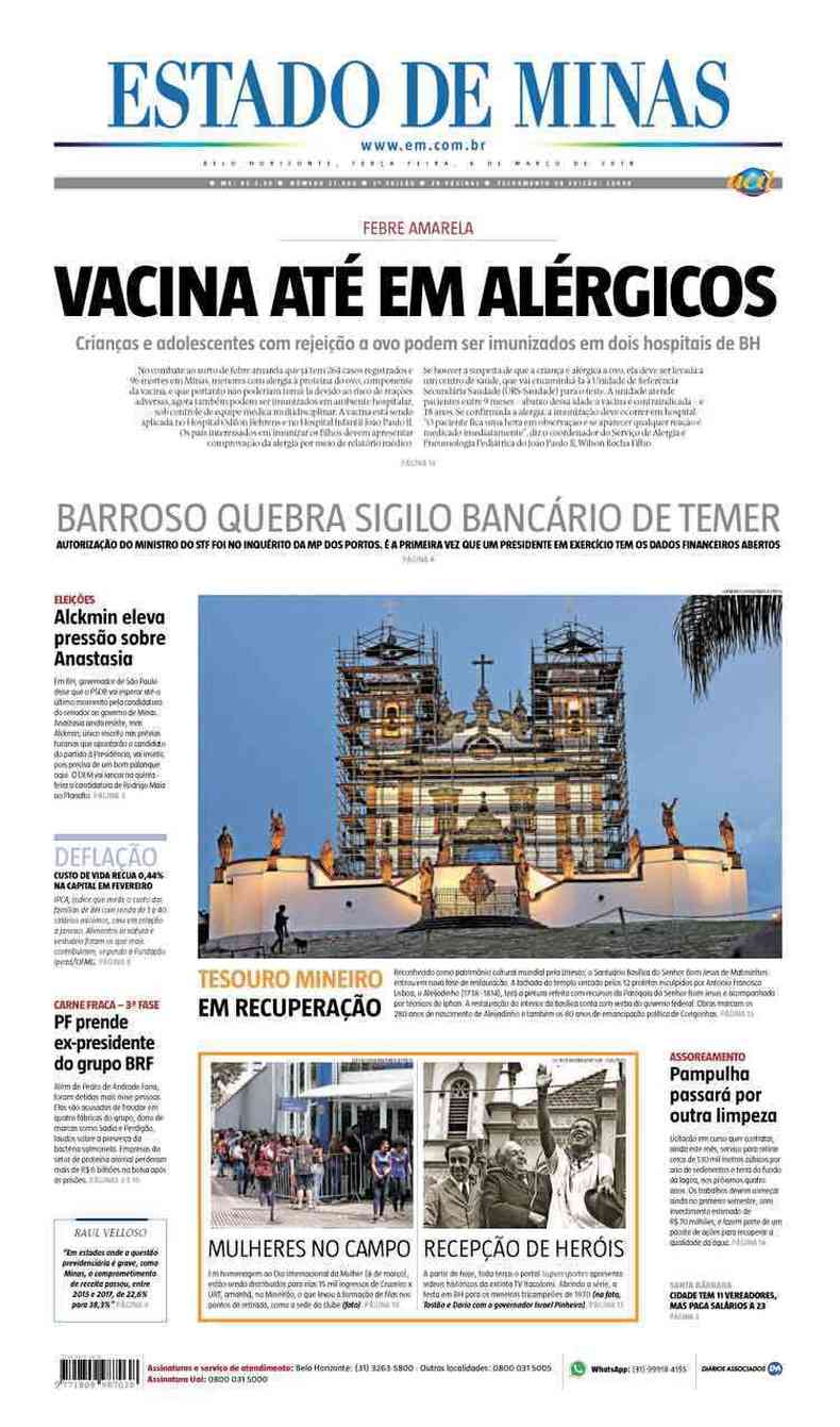 Confira a Capa do Jornal Estado de Minas do dia 06/03/2018
