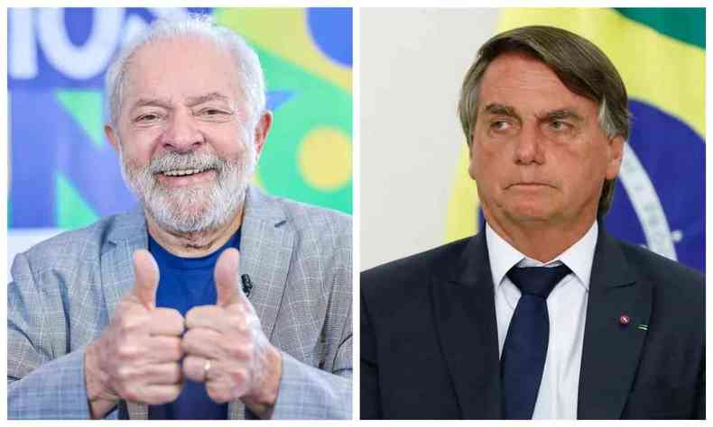 Montagem com Lula e Bolsonaro lado a lado. Lula est feliz, fazendo 'joia' com os dedos. Bolsonaro est com uma cara mais fechada