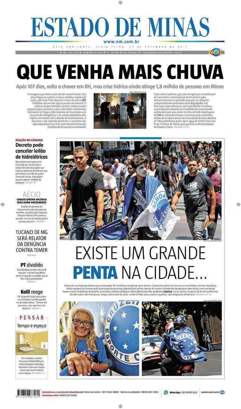 Confira a Capa do Jornal Estado de Minas do dia 29/09/2017