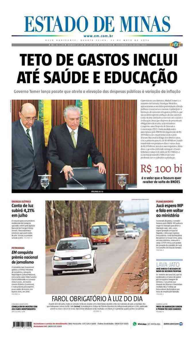 Confira a Capa do Jornal Estado de Minas do dia 25/05/2016