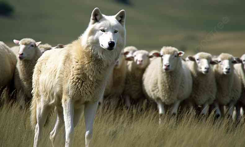 Manada de cordeiros no campo com um lobo com o mesmo tipo de pelagem mesclada entre a manada.