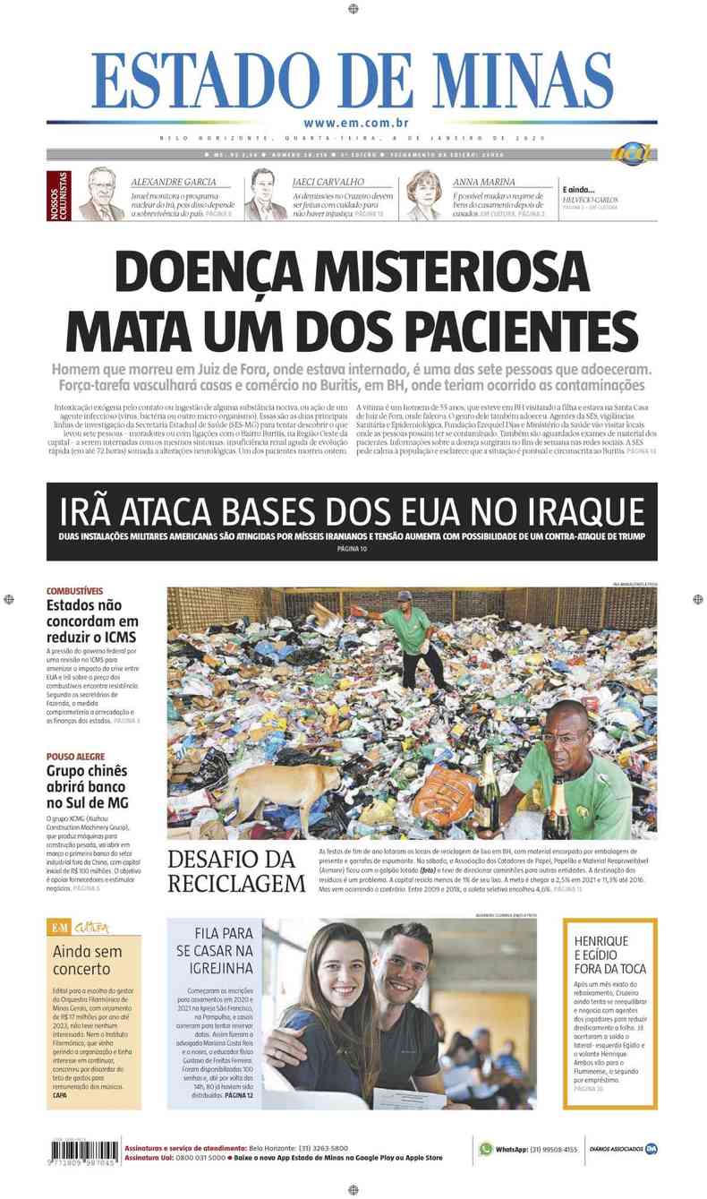 Confira a Capa do Jornal Estado de Minas do dia 08/01/2020(foto: Estado de Minas)