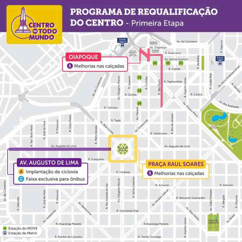 Mapa que indica as mudanças no centro de Belo Horizonte