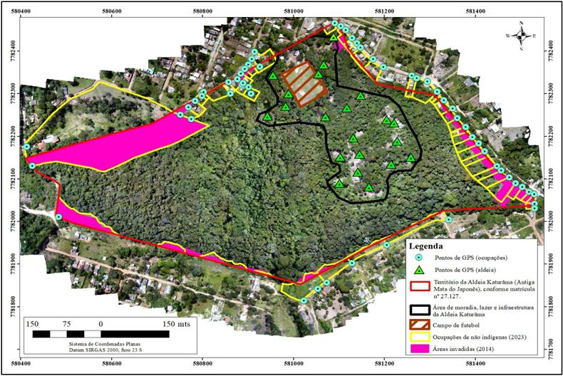O trabalho de campo, efetuado por uma analista do MPU, constatou 52 ocupações de não indígenas no território da Aldeia Katurãma(foto: Reprodução/MPF) Mapa do território doado