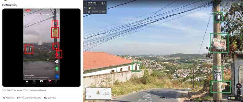 Comparao feita em 22 de fevereiro de 2022 entre as capturas de tela do vdeo no Twitter (E) e da localizao no Google Maps ( . / )