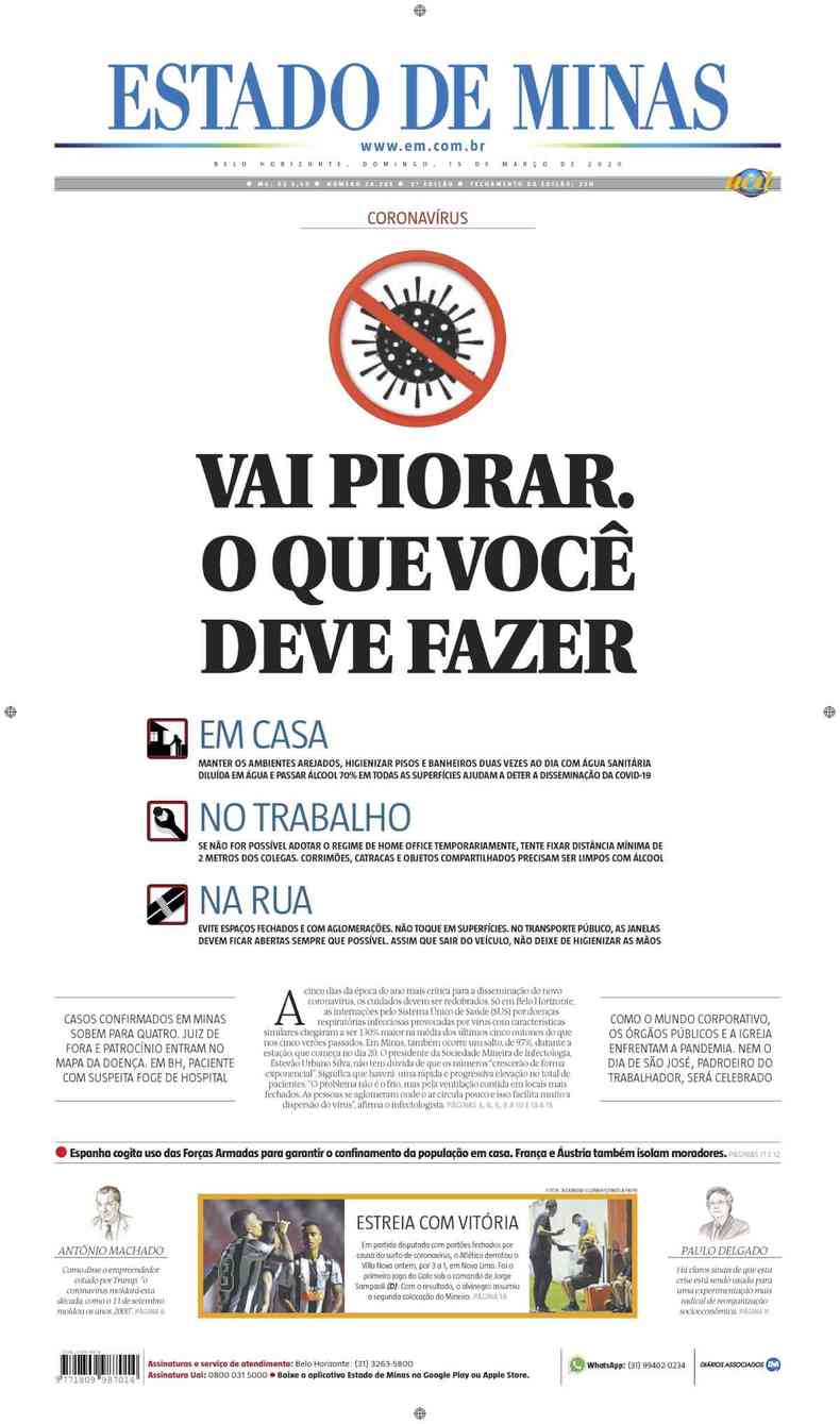 Confira a Capa do Jornal Estado de Minas do dia 15/03/2020(foto: Estado de Minas)