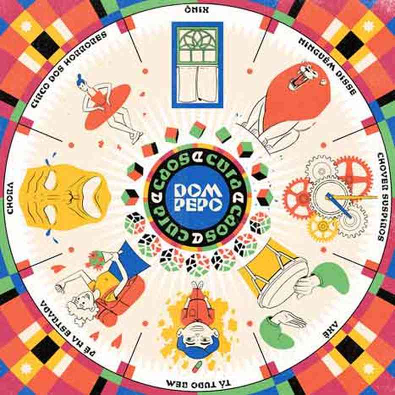 Capa do disco Caos e Cura, da banda Dom Pepo, traz imagem de mandala com desenhos coloridos de tambor, máscara, bailarina e janela