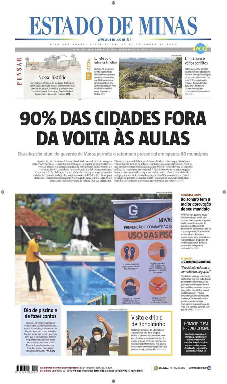 Confira a Capa do Jornal Estado de Minas do dia 25/09/2020(foto: Estado de Minas)