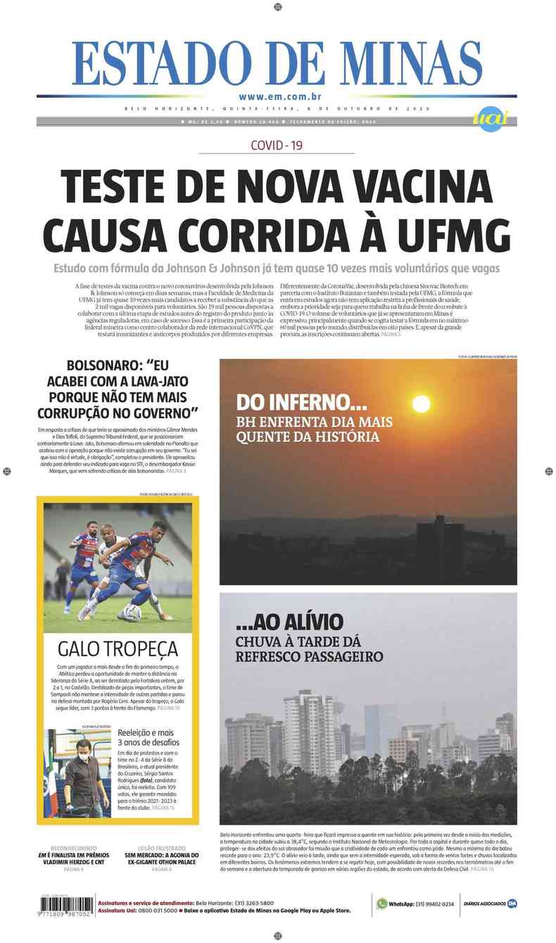 Confira a Capa do Jornal Estado de Minas do dia 08/10/2020(foto: Estado de Minas)