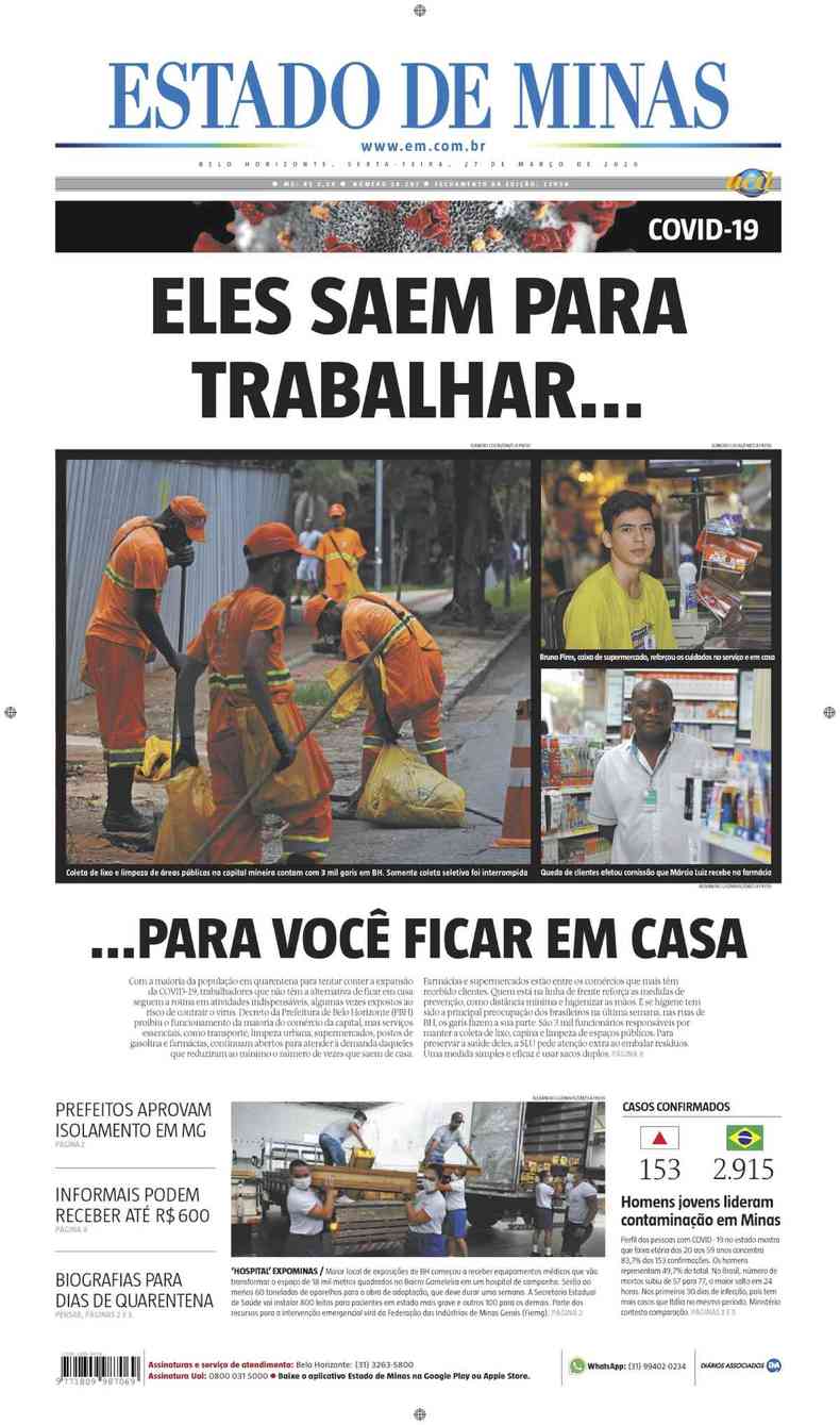 Confira a Capa do Jornal Estado de Minas do dia 27/03/2020(foto: Estado de Minas)