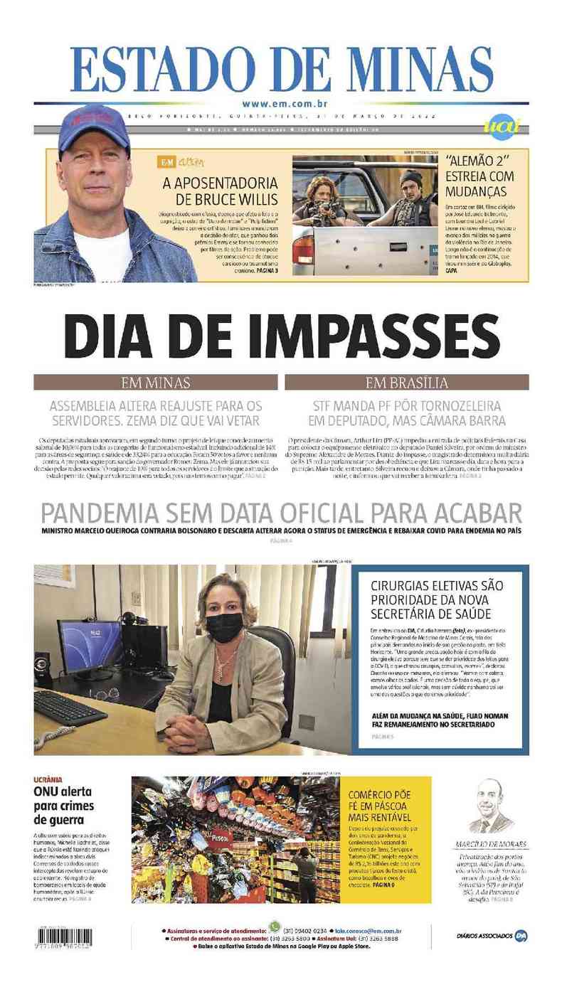 Confira a Capa do Jornal Estado de Minas do dia 31/03/2022