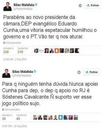 Postagem mostram apoio de Malafaia a Cunha (foto: Reproduo/Twitter)