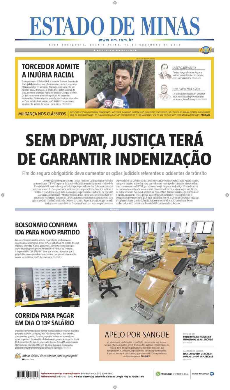 Confira a Capa do Jornal Estado de Minas do dia 13/11/2019(foto: Estado de Minas)