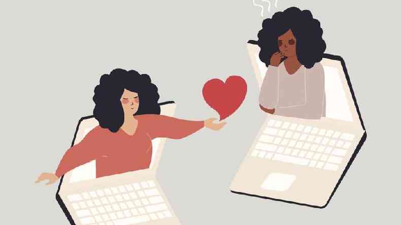 Uma ilustração de duas mulheres se estendendo de dentro de laptops com um coração entre elas