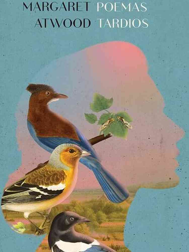Capa do livro Poemas tardios traz ilustração de mulher e de pássaros sob fundo azul