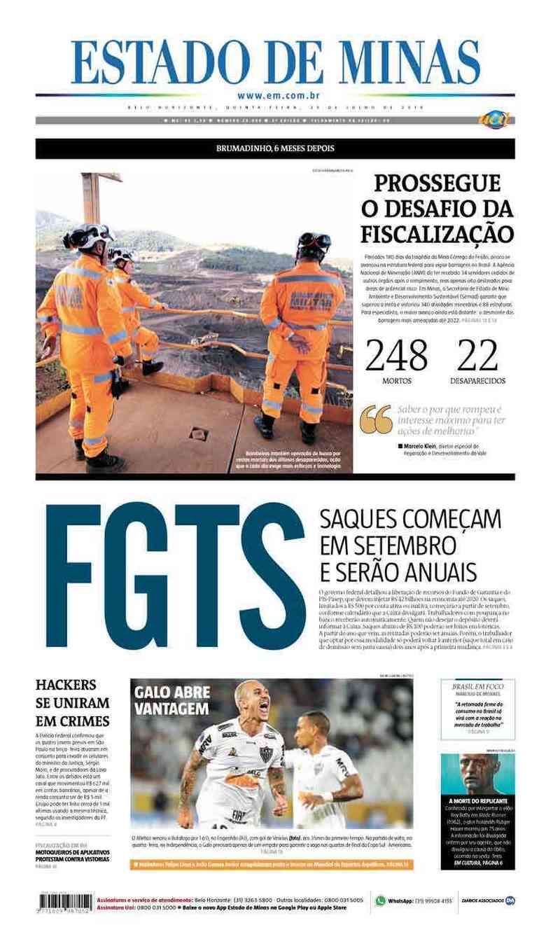 Confira a Capa do Jornal Estado de Minas do dia 25/07/2019(foto: Estado de Minas)