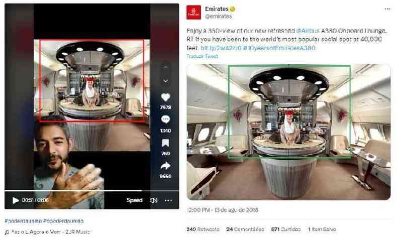 Comparao feita em 26 de junho de 2023 com capturas de tela de uma publicao no TikTok e de um tute da Emirates Airlines